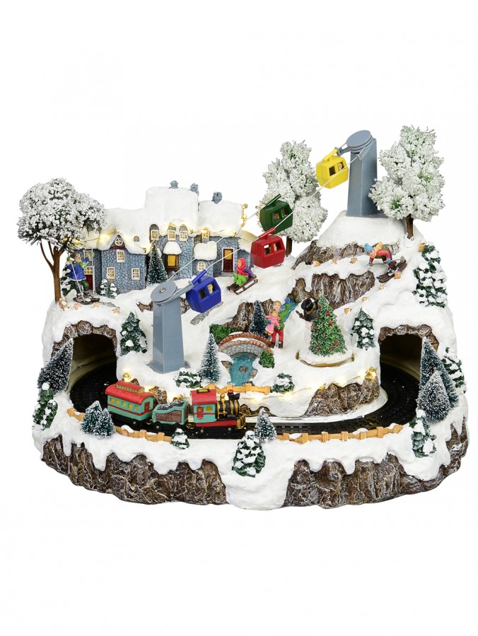 Animated & Illuminated Winter Snow Covered Village with Train & Cable Car - 38cm