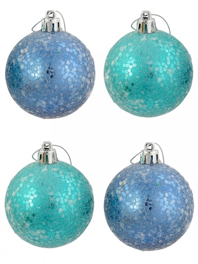 Turquoise & Aqua Sequinned Crackle Baubles - 6 x 60mm