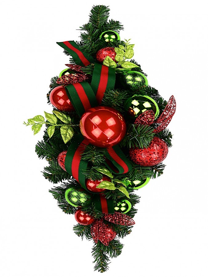Red & Green Centrepiece With Baubles & Striped Ribbon - 74cm