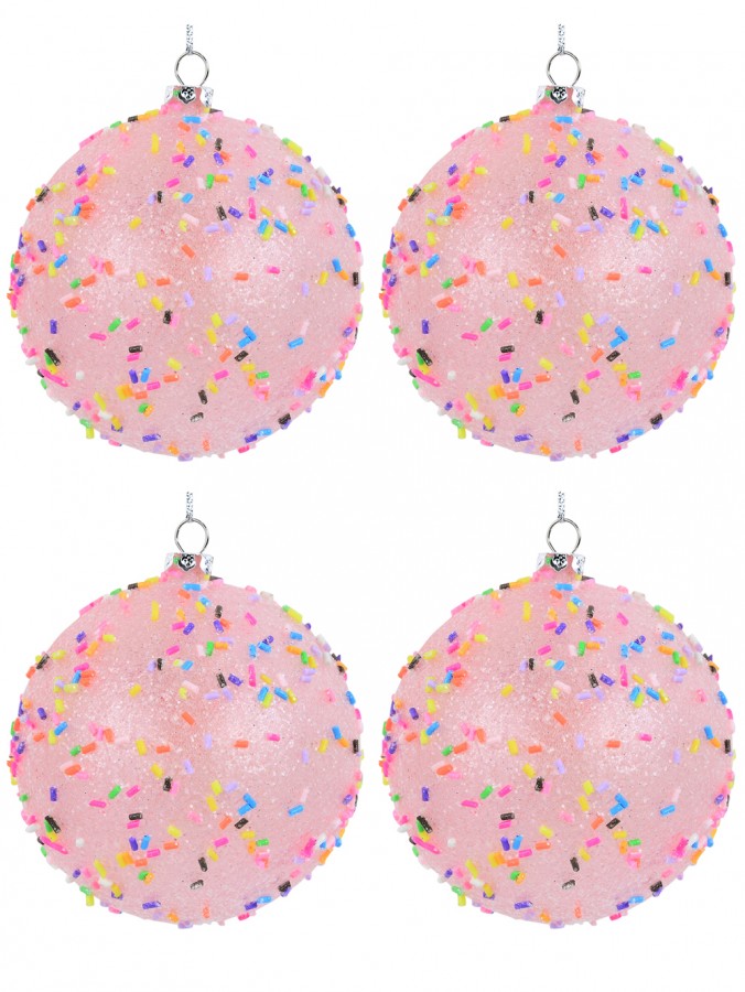 Light Pink Opaque Christmas Baubles With Sprinkles & Glitter - 4 x 80mm