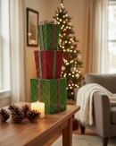 Tiered Red & Green Layered Tinsel Gift Boxes Large Display Decoration | 70cm