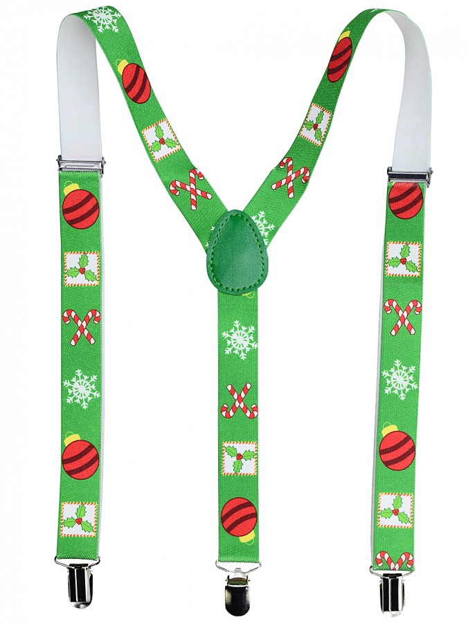 Adjustable Green Christmas Icon Suspenders With Festive Print Clamps | OSFM