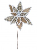 Natural Hessian & Woven Tweed Poinsettia Stem With Frosted Trim | 26cm
