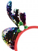 Rainbow Sequin Deer Antlers & Holly Christmas Headband - One Size Fits Most