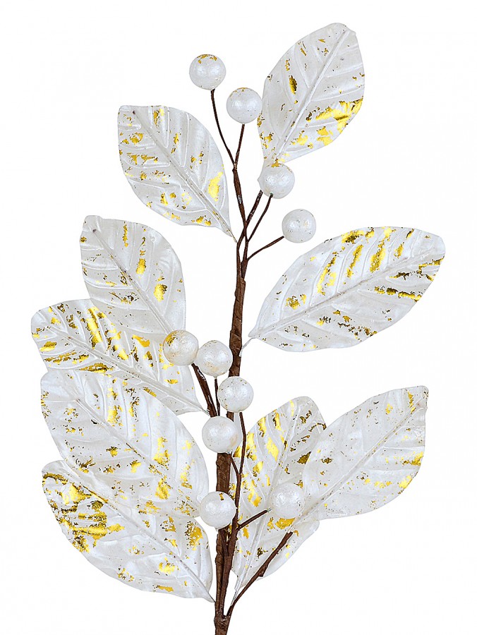 78cm White With Gold Magnolia Leaf & Berry Spray Long Christmas Stem