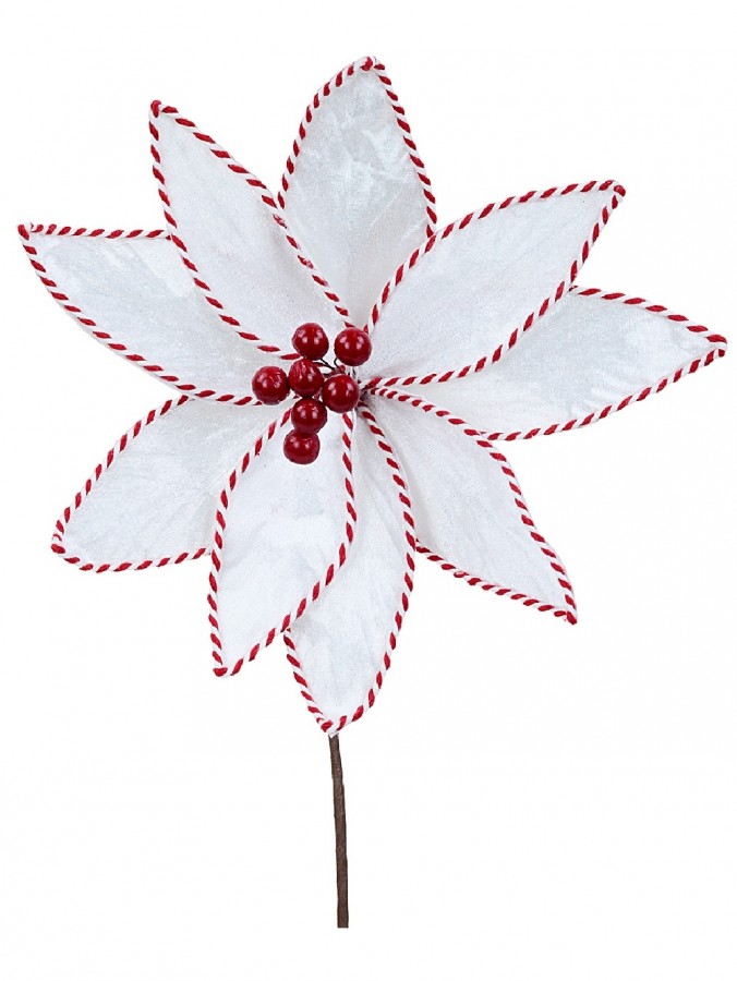 White Velour Christmas Stem With Red Candy Cane Cord Trim | 25cm