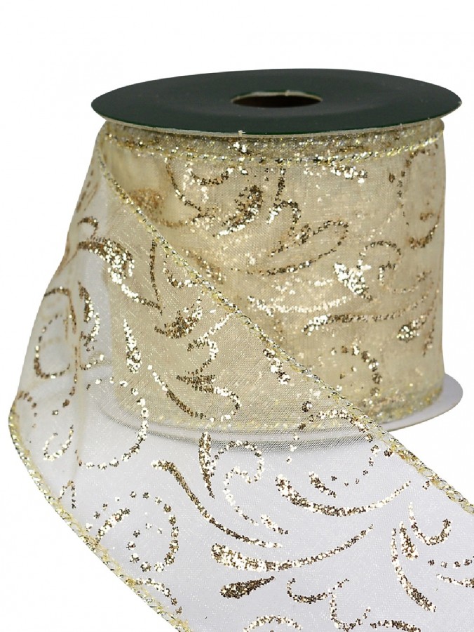 Swirl Pattern Cream On Sheer Christmas Ribbon With Gold Glitter Edging - 3m