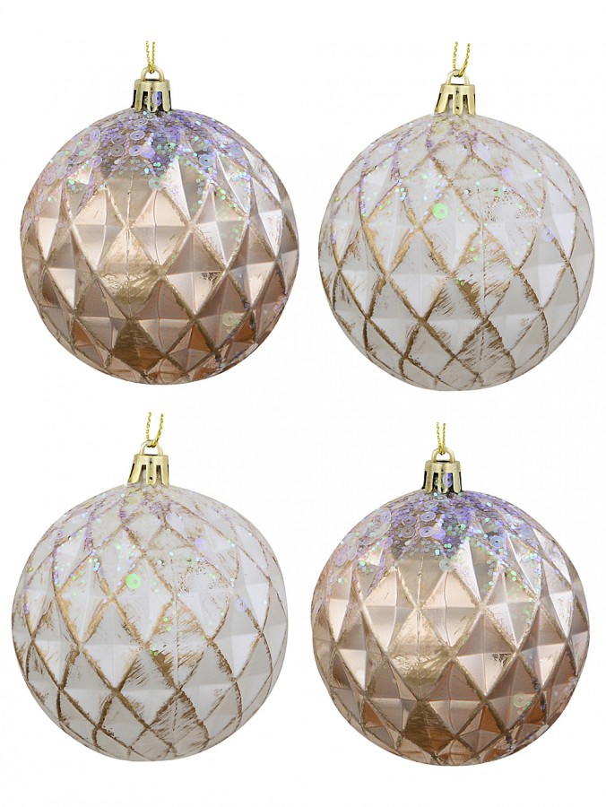4x Opulent Rose Gold & White Statement Sequin & Diamond Ball Bauble | 80mm