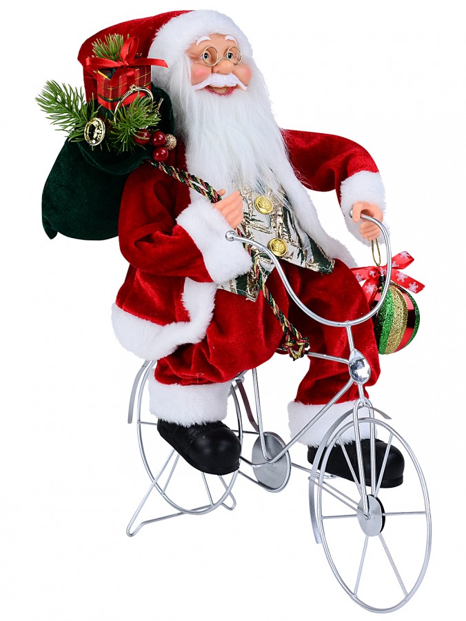 Traditional Riding Santa On Matte Silver Bicycle Figurine | 42cm