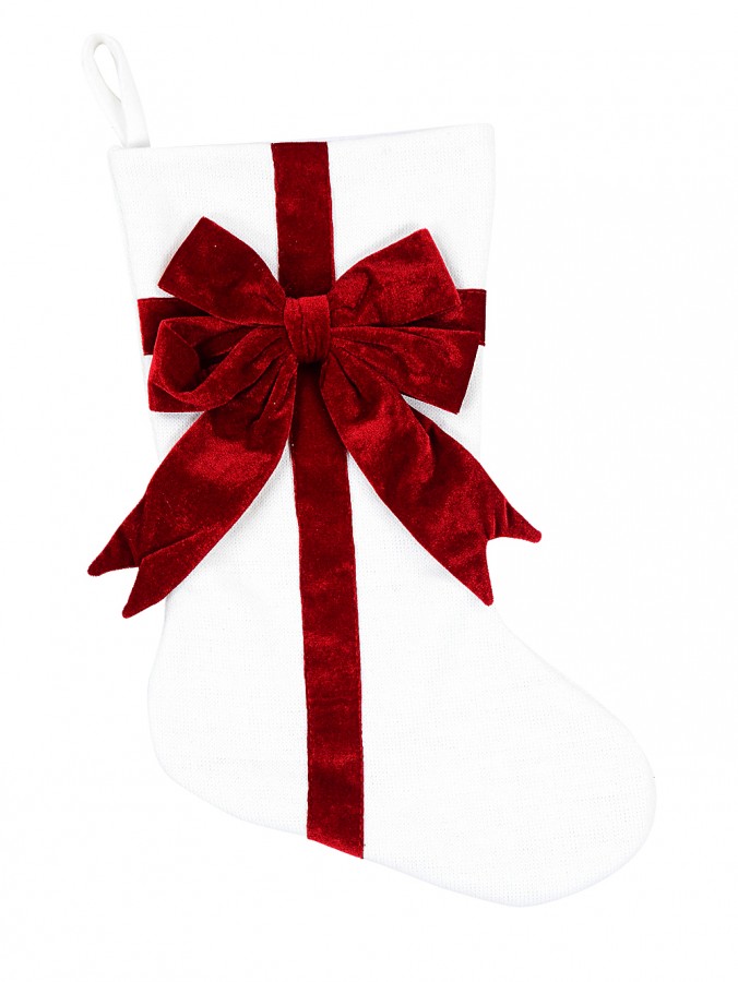 45cm Soft White Hessian Like Stocking With Burgundy Bow Decoration