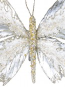 Large Platinum Butterfly With Sheer Wings Christmas Clip Pick - 32cm Wide