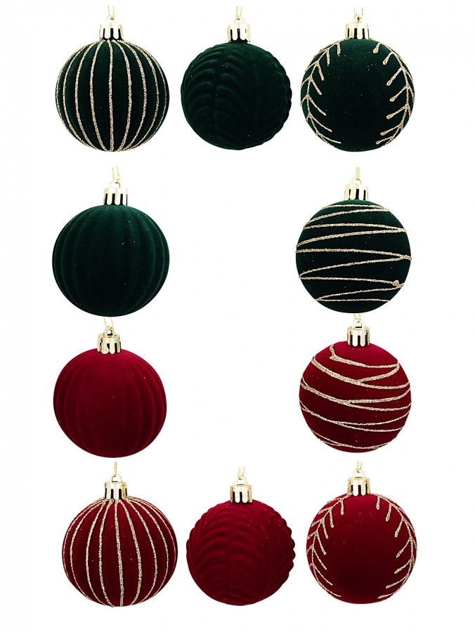 12x Red & Green Velvet Gold Glitter Pattern Whimsical Essential Baubles | 60mm