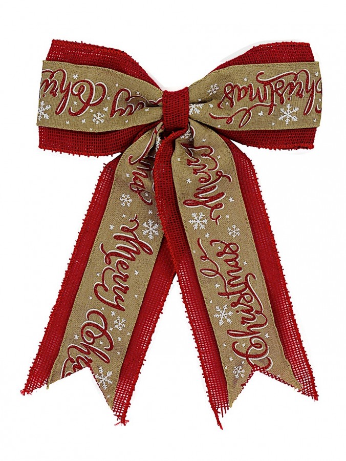 Merry Christmas On Natural & Red Hessian Christmas Bow Decoration - 35cm