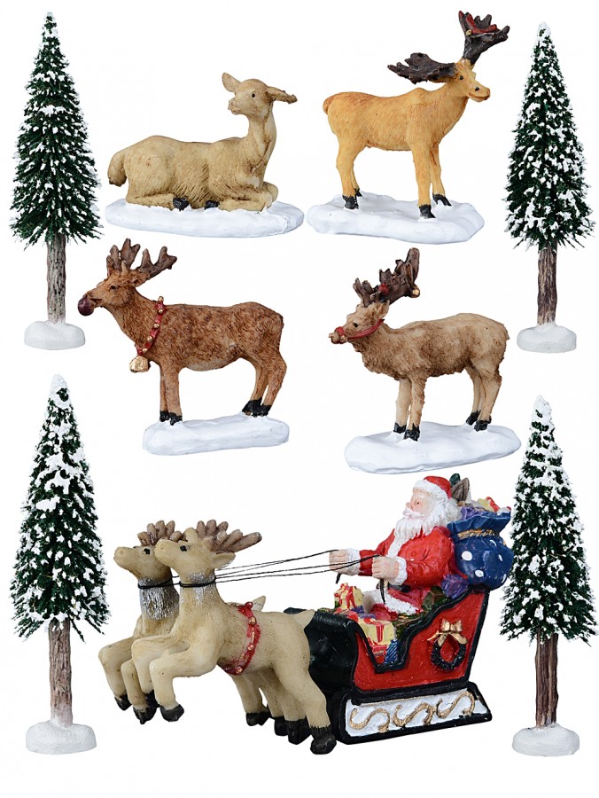 Santa & Sleigh With Reindeer & A Moose Friend Christmas Figurines - 9 Piece Set