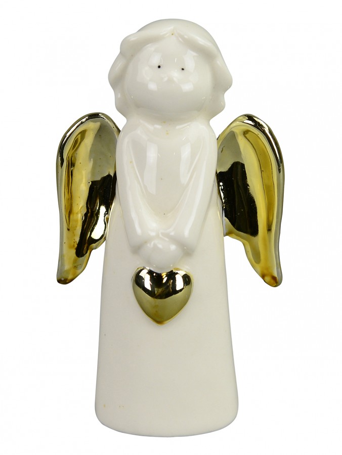 Ceramic White Angel With Gold Wings Holding Gold Heart - 10cm