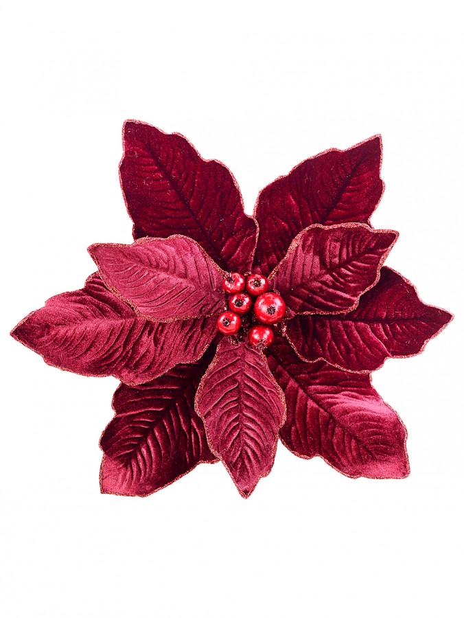 Burgundy Velvet & Glitter Poinsettia Christmas Clip Stem | 28cm