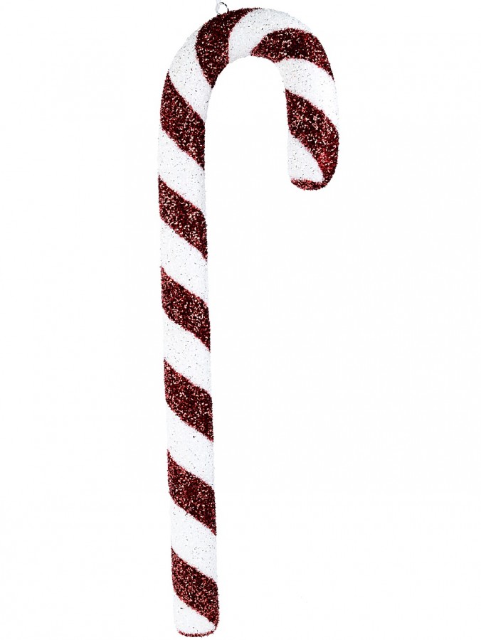 Red & White Metallic Tinsel Fleck 3D Candy Cane Hanging Decoration - 90cm