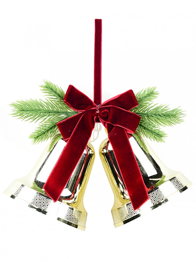 Dynamic Champagne Gold & Burgundy Velvet Bow Double Bell Swag | 25cm