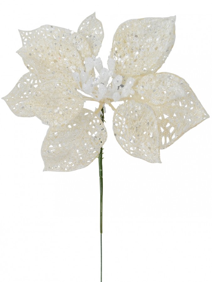 Cream Iridescent Filigree Poinsettia Decorative Christmas Flower Pick - 17cm