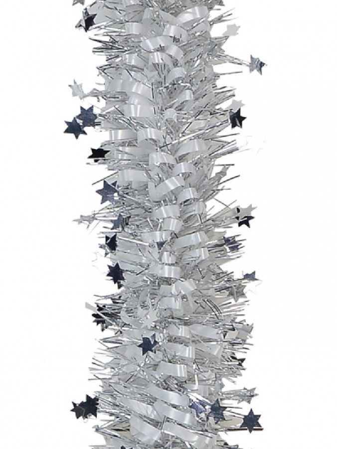 Silver Pine Needle With Stars & White Loops Christmas Tinsel Garland - 2.7m