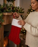 Red Twisted & Trellis Cable Knit Look Christmas Stocking With Faux Fur | 48cm