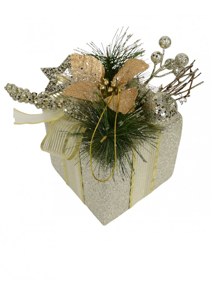 Gift Box Hanging Ornament in Champagne with Greenery - 17cm