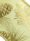 Pine Cone Pattern On Champagne Satin Christmas Ribbon With Gold Edge - 3m