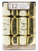 12x 30cm Gold & White Happy & Bright With Stars Pattern Christmas Bon Bons