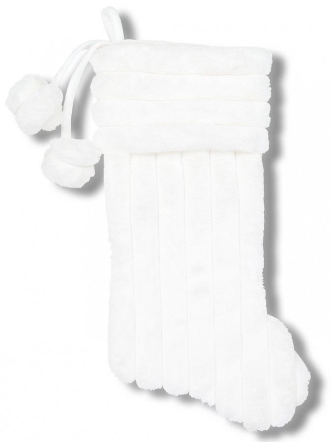 48cm White Stripe Faux Fur Plush Stocking With Cuff & Pom Poms