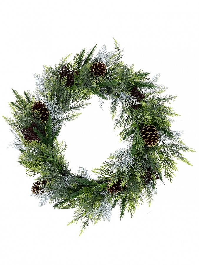 60cm Mixed Needle Tips Wreath With Glitter Pinecones & Rattan Look Stars