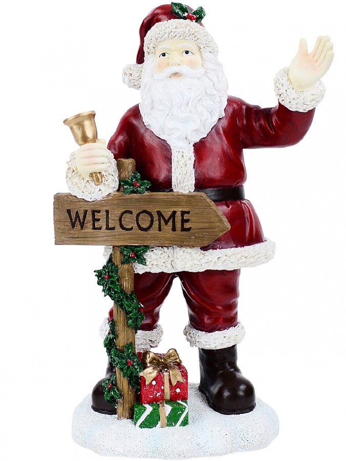 Classic Santa & Welcome Signpost Decorative Resin Statue Ornament - 34cm