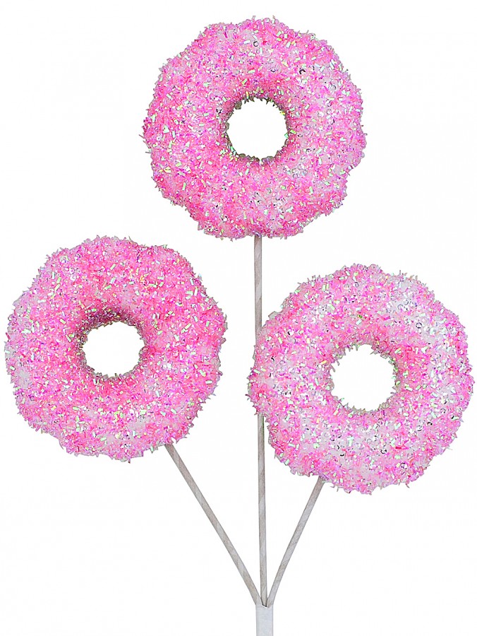 46cm Pink Tinsel Doughnuts With Iridescent Sequins Long Christmas Stem