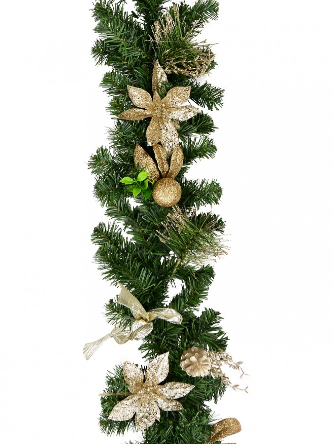 Decorated Gold & Champagne Mixed Foliage & Floral Pine Garland - 1.8m