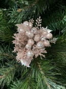 20cm Rose Gold Berries With Twigs & Leaves Foliage Christmas Tree Stem Pick