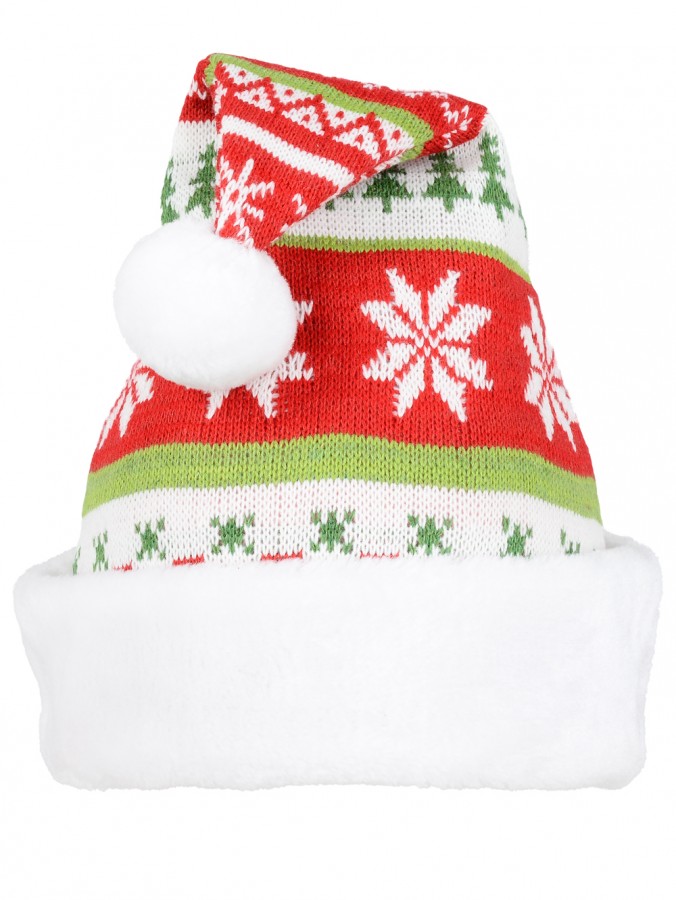 Red, Green & White Ugly Knitted Sweater Look Santa Hat - One Size Fits Most