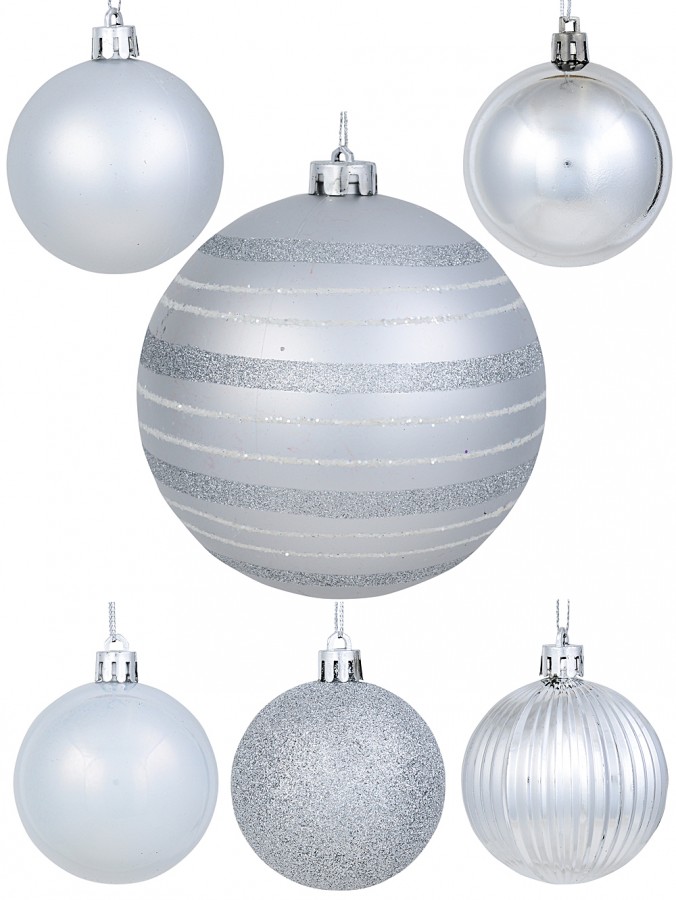 32x 60mm & 15cm Silver Matte, Shiny, Pearl & Glitter Christmas Baubles
