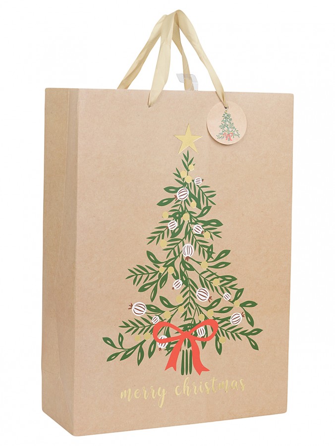 Large Natural Kraft Look Gift Bag With Decorated Christmas Tree Print