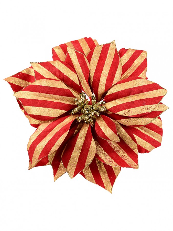 22cm Red & Gold Glitter Stripe Poinsettia Flower Christmas Tree Clip Pick