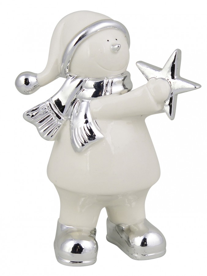 Ceramic White Snowman Holding Silver Star Ornament - 16cm