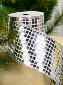 10m Silver Reflective Mirror Ball On Silver Glitter Sheer Wide Cut Ribbon