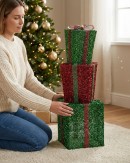 Tiered Red & Green Layered Tinsel Gift Boxes Large Display Decoration | 70cm