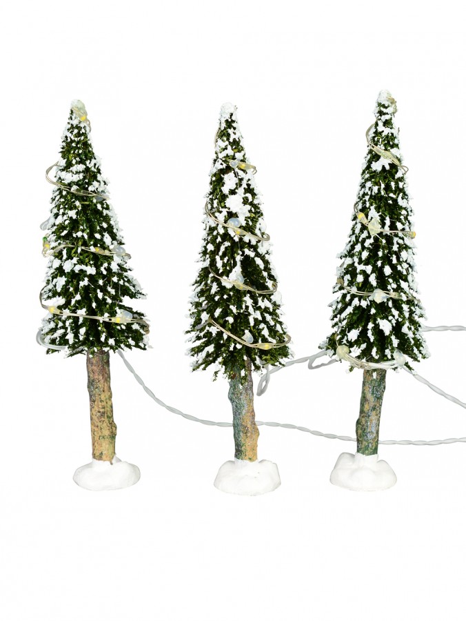 Snow Flocked Illuminated Pine Tree Christmas Village Figurines - 3 x 19cm