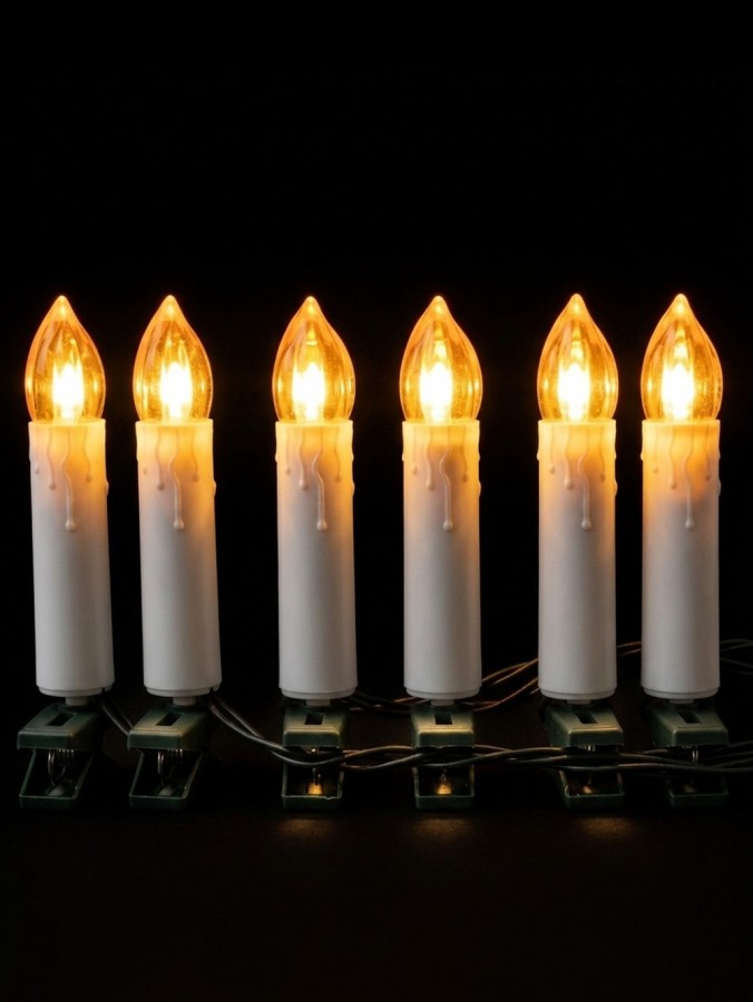 50 Warm White LED Static Flame White Christmas Candles With Clips | 4m