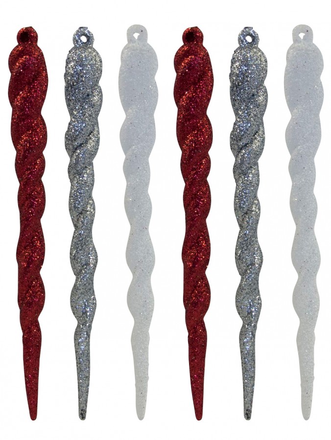 Red, White & Silver Glittered Icicle Decorations - 12 x 13cm