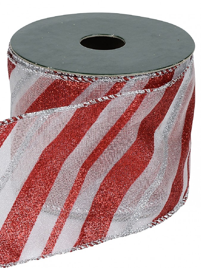 Candy Stripe Red & Silver Pattern On White Sheer Wide Cut Craft Ribbon - 3m