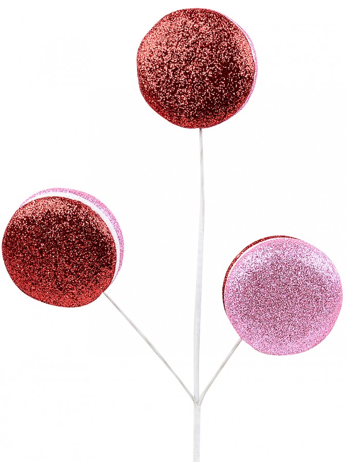 46cm Macarons With Red & Pink Glitter Cookie Shells Long Christmas Stem