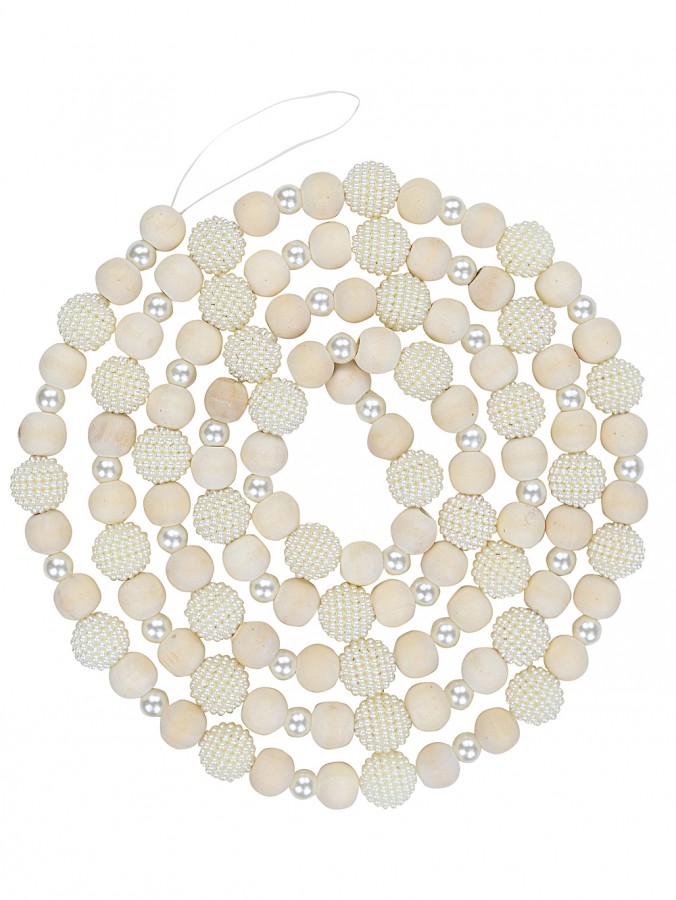 1.8m Faux Cream Pearls & Natural Wood Christmas Bead Garland