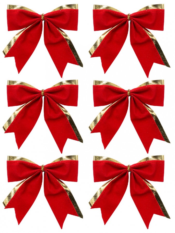 Red Felt With Gold Trim Bow Christmas Tree Decorations - 6 x 90mm