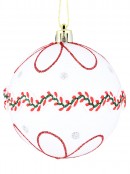 4x 80mm White, Green & Red Christmas Baubles With Lace & Glitter Patterns