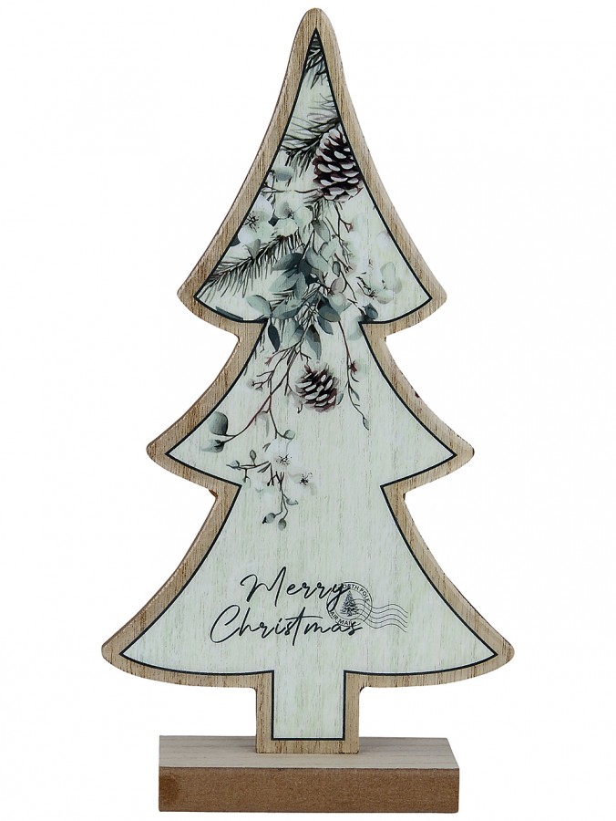 Botanical Merry Christmas Wooden Tree Tabletop Sign | 32cm
